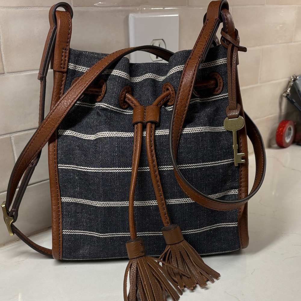 Fossil Bucket Bag Crossbody Denim and Cream Stripe